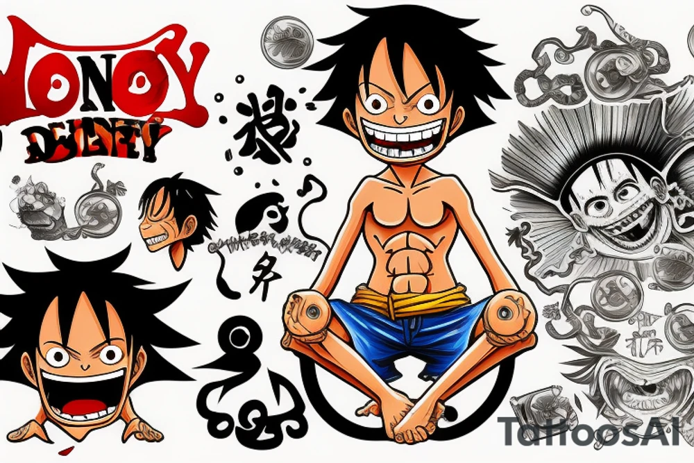 monkey d luffy incorporated with pharmaceutical elements tattoo idea