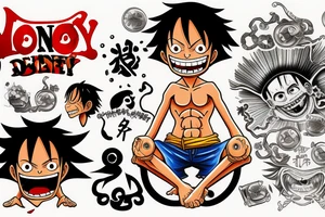 monkey d luffy incorporated with pharmaceutical elements tattoo idea
