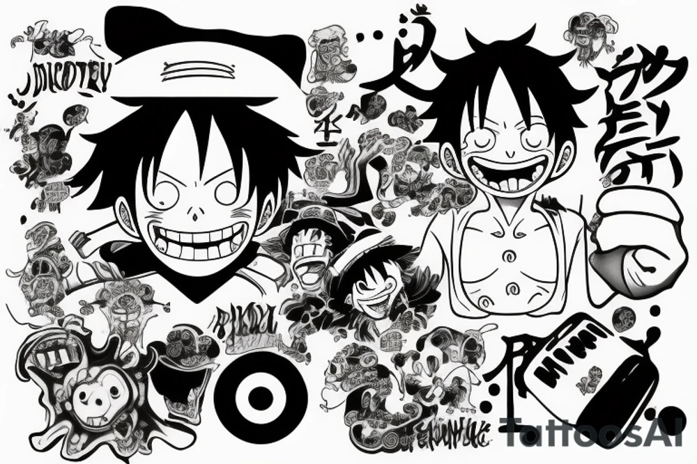 monkey d luffy incorporated with pharmaceutical elements tattoo idea