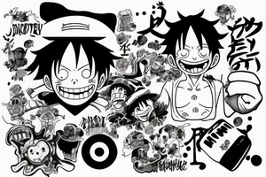 monkey d luffy incorporated with pharmaceutical elements tattoo idea