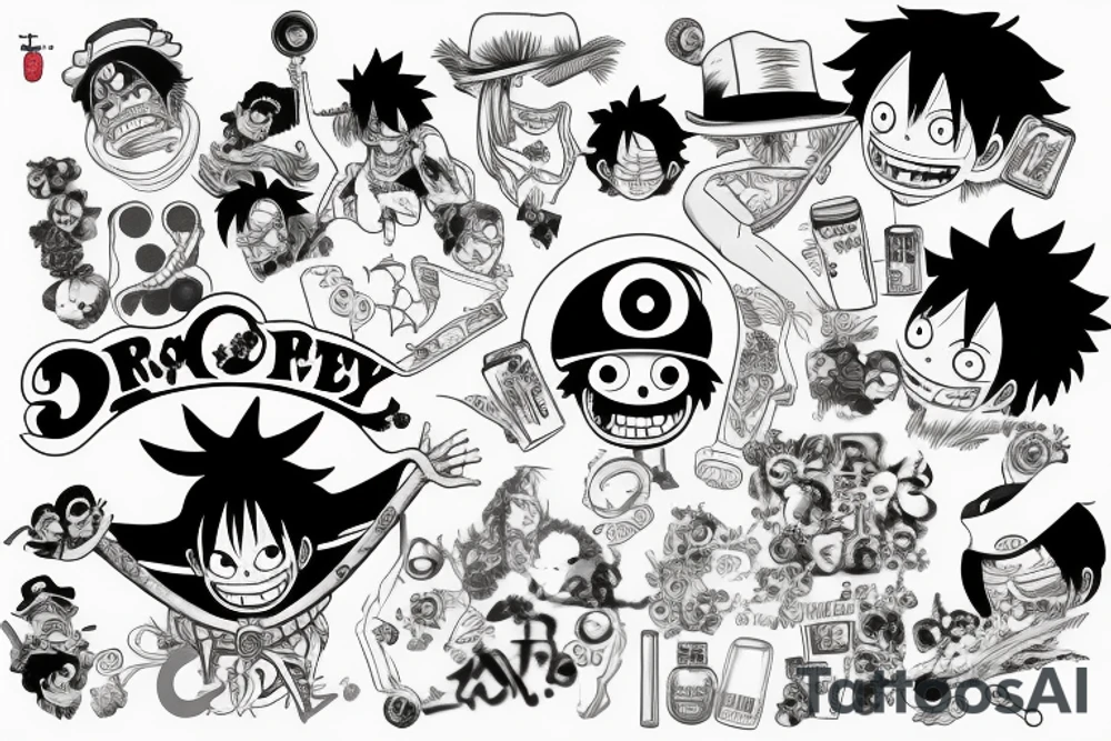 monkey d luffy incorporated with pharmaceutical elements tattoo idea