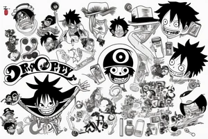 monkey d luffy incorporated with pharmaceutical elements tattoo idea