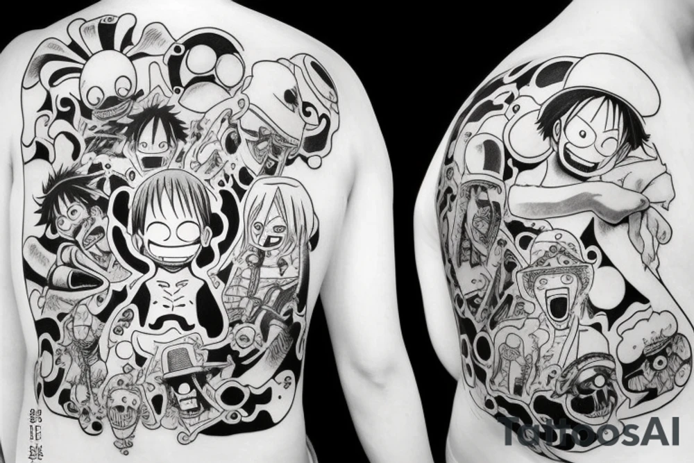 one piece anime incorporated with pharmaceutical elements tattoo idea