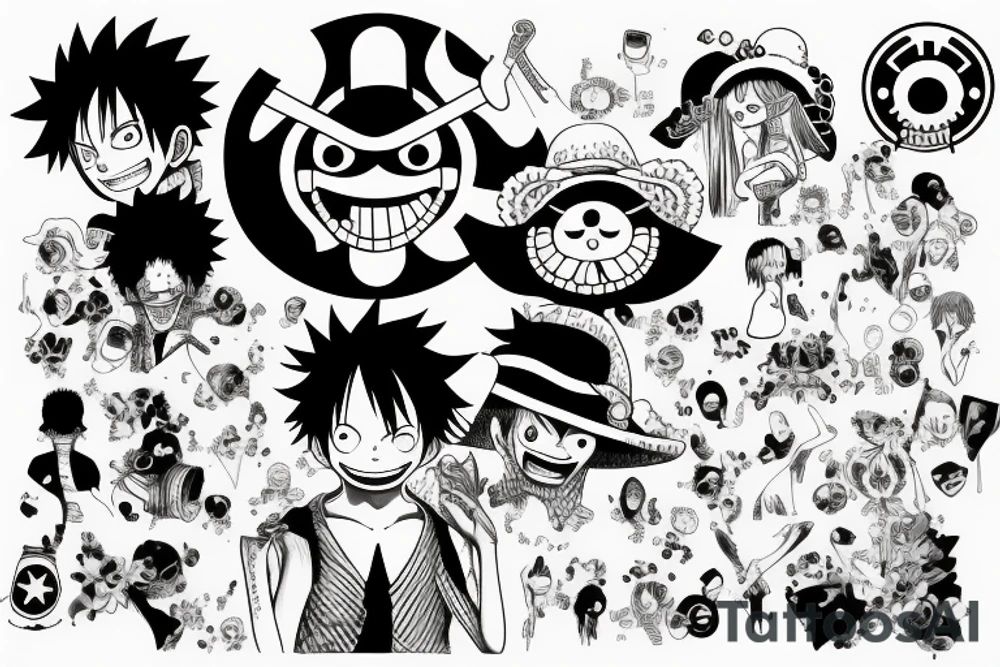 one piece anime incorporated with pharmaceutical elements tattoo idea