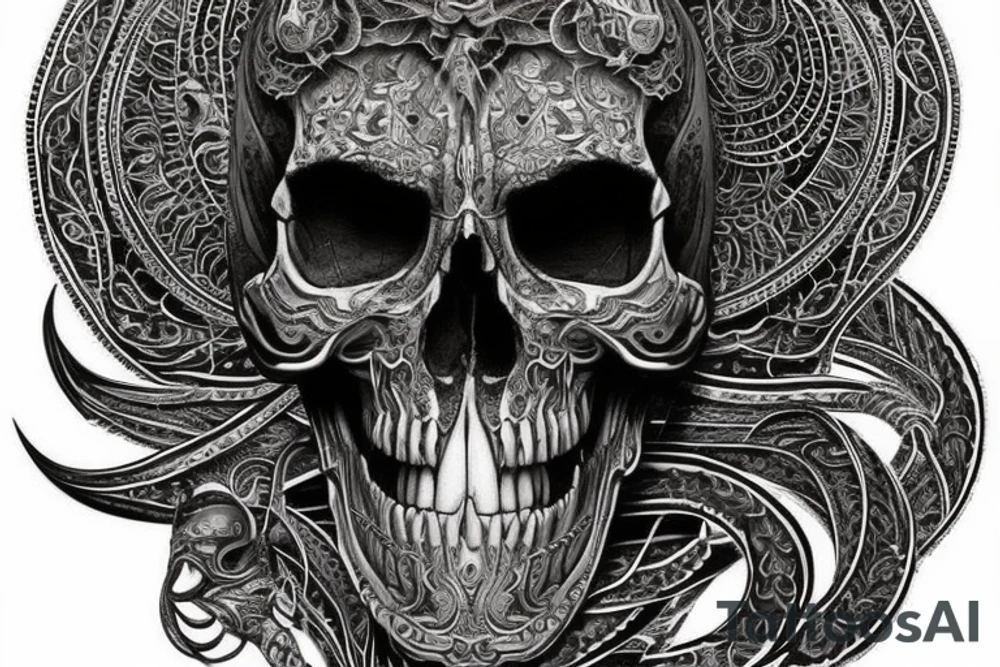Vertical tattoo illustration on a pure white background: Design an intricate artwork that fuses the dark allure of a cobra with the timeless symbolism of a skull.

Central Element: At the heart of the design, place a lifelike human skull, its hollow eye sockets staring vacantly ahead. The skull should be detailed, showcasing the natural imperfections, cracks, and texture that make it look aged and weathered.

Cobra Interaction: A menacing cobra, emerges from the right eye socket of the skull. The snake's body gracefully coiling around the skull, its tail disappearing behind it. The cobra is rearing its head, poised to strike, with its hood expanded, showcasing its imposing presence. The snake's eyes should be a piercing shade of yellow, contrasting with the emptiness of the skull's sockets.

The cobra's fangs should be visible and dripping with venom, hinting at the deadly nature of the creature.
Art Style: The artwork should lean towards realism, but with a touch of stylization to give it an artistic flair. The textures, especially on the skull and cobra, should be meticulously detailed to make the elements pop and captivate the viewer. tattoo idea
