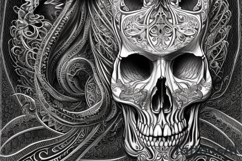 Vertical tattoo illustration on a pure white background: Design an intricate artwork that fuses the dark allure of a cobra with the timeless symbolism of a skull.

Central Element: At the heart of the design, place a lifelike human skull, its hollow eye sockets staring vacantly ahead. The skull should be detailed, showcasing the natural imperfections, cracks, and texture that make it look aged and weathered.

Cobra Interaction: A menacing cobra, emerges from the right eye socket of the skull. The snake's body gracefully coiling around the skull, its tail disappearing behind it. The cobra is rearing its head, poised to strike, with its hood expanded, showcasing its imposing presence. The snake's eyes should be a piercing shade of yellow, contrasting with the emptiness of the skull's sockets.

The cobra's fangs should be visible and dripping with venom, hinting at the deadly nature of the creature.
Art Style: The artwork should lean towards realism, but with a touch of stylization to give it an artistic flair. The textures, especially on the skull and cobra, should be meticulously detailed to make the elements pop and captivate the viewer. tattoo idea