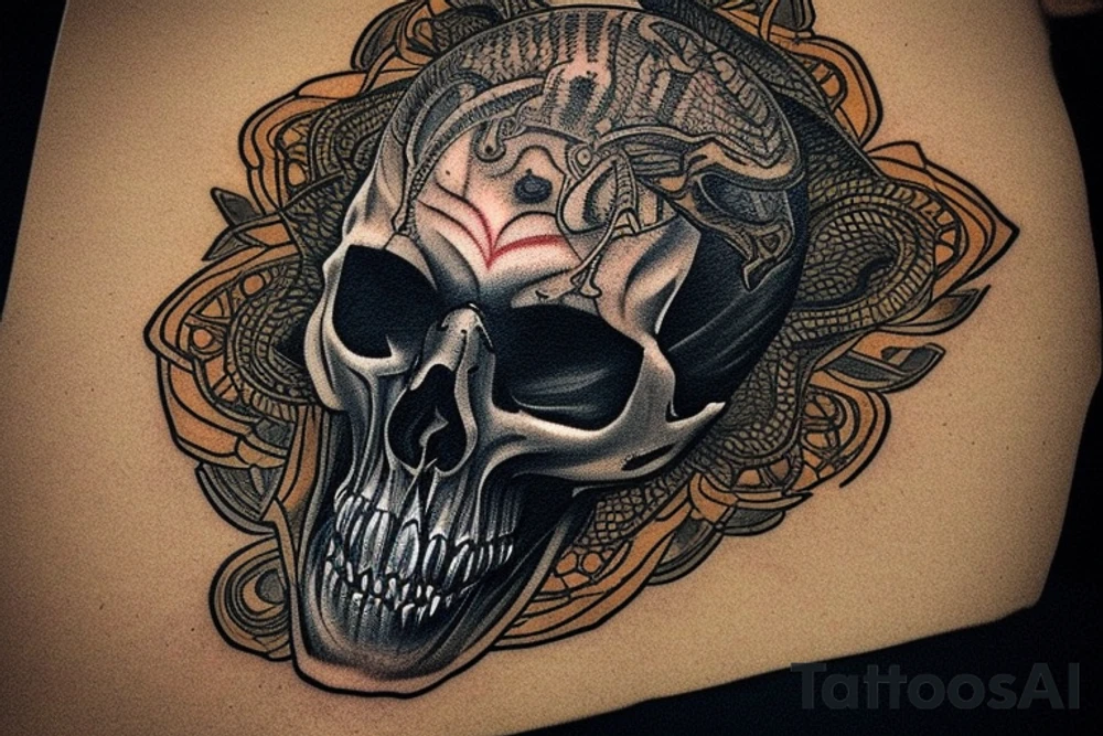 Tattoo illustration featuring a weathered human skull as the central element, with a cobra interlaced through the hollow eye sockets, detailed in a realistic yet stylized art form on a white background. The cobra's head is elevated above the skull with an expanded hood and striking pose, yellow eyes glaring and fangs bared, venom dripping. The design captures the intricate textures of the skull and snake, emphasizing their dark allure and symbolic resonance. tattoo idea