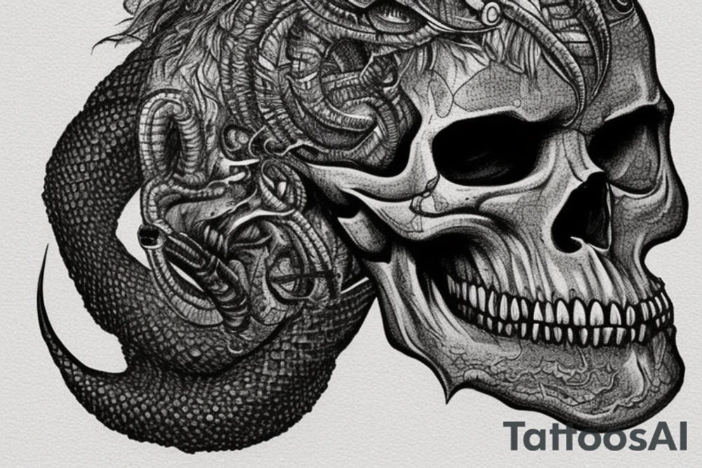 Tattoo illustration featuring a weathered human skull as the central element, with a cobra interlaced through the hollow eye sockets, detailed in a realistic yet stylized art form on a white background. The cobra's head is elevated above the skull with an expanded hood and striking pose, yellow eyes glaring and fangs bared, venom dripping. The design captures the intricate textures of the skull and snake, emphasizing their dark allure and symbolic resonance. tattoo idea