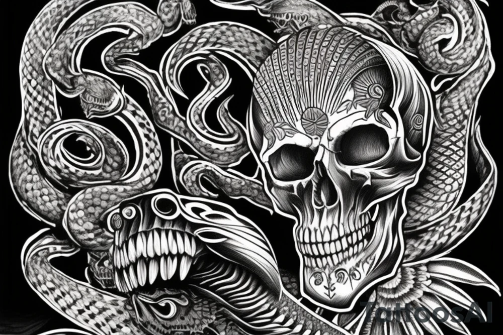 Design an intricate artwork that fuses the dark allure of a cobra with the timeless symbolism of a skull tattoo idea
