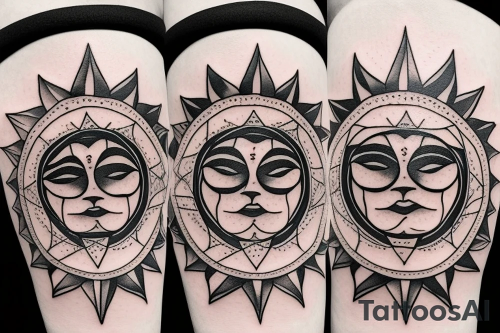 a sun with a face in the middle tattoo idea