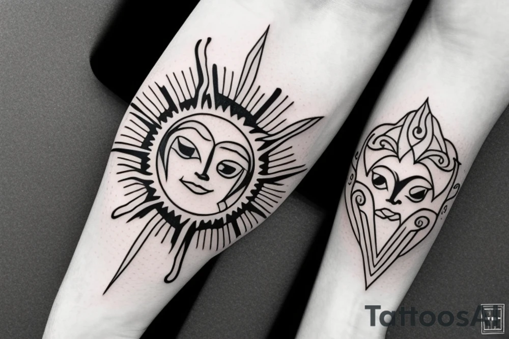 a sun with a face in the middle tattoo idea