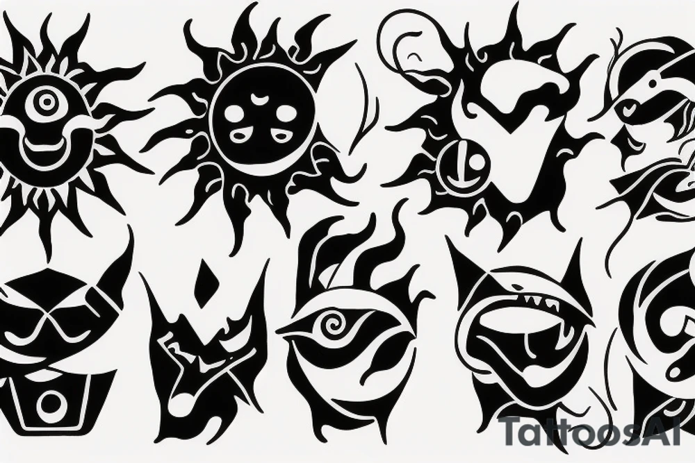a sun with a face in the middle of the band gojira tattoo idea