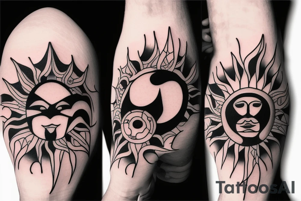 a sun with a face in the middle of the band gojira tattoo idea