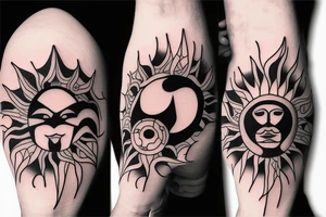 a sun with a face in the middle of the band gojira tattoo idea