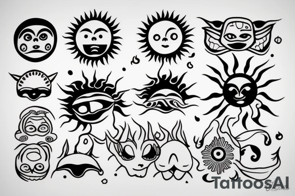 a sun with a face in the middle tattoo idea