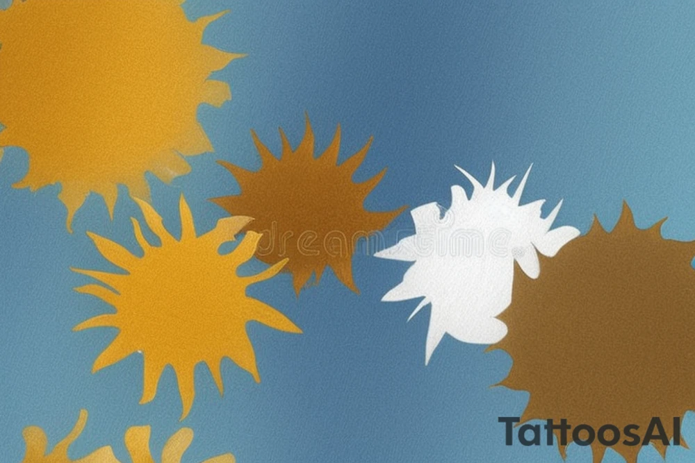 Vulkanische Textur: Gestalte die Oberfläche der Sonne mit einer tiefen, schattigen Textur, die an vulkanisches Gestein erinnert. Nutze verschiedene Schwarzschattierungen, um diese Textur hervorzuheben.

Erdige Farbpalette in Schwarz: Beschränke die Farbpalette auf verschiedene Schattierungen von Schwarz, um die düstere und geheimnisvolle Atmosphäre des Designs einzufangen.

Düstere Atmosphäre: Um die düstere Stimmung zu repräsentieren, gestalte die Sonne mit einer nebeligen oder rauchigen Umgebung in verschiedenen Graustufen.

Geometrische Elemente in Schwarz: Integriere geometrische Formen oder Linienmuster in Schwarz, um Struktur und Tiefe zu erzeugen. Diese Muster sollten ebenfalls in verschiedenen Schwarzschattierungen gestaltet werden.

Bitte teilen Sie diese Anweisungen Ihrem Tattoo-Künstler mit, damit er oder sie die gewünschte Sonnen-Tattoo-Vorlage in Schwarz gestalten kann. tattoo idea