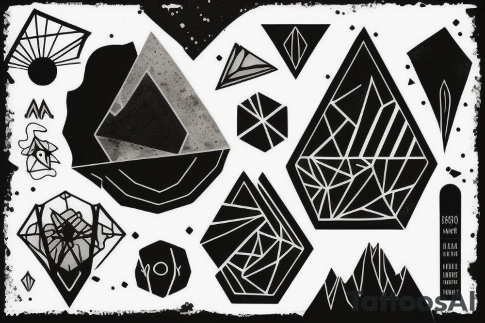 volcanic texture, earthy black color palette, gloomy atmosphere, geometric elemenst in black tattoo idea