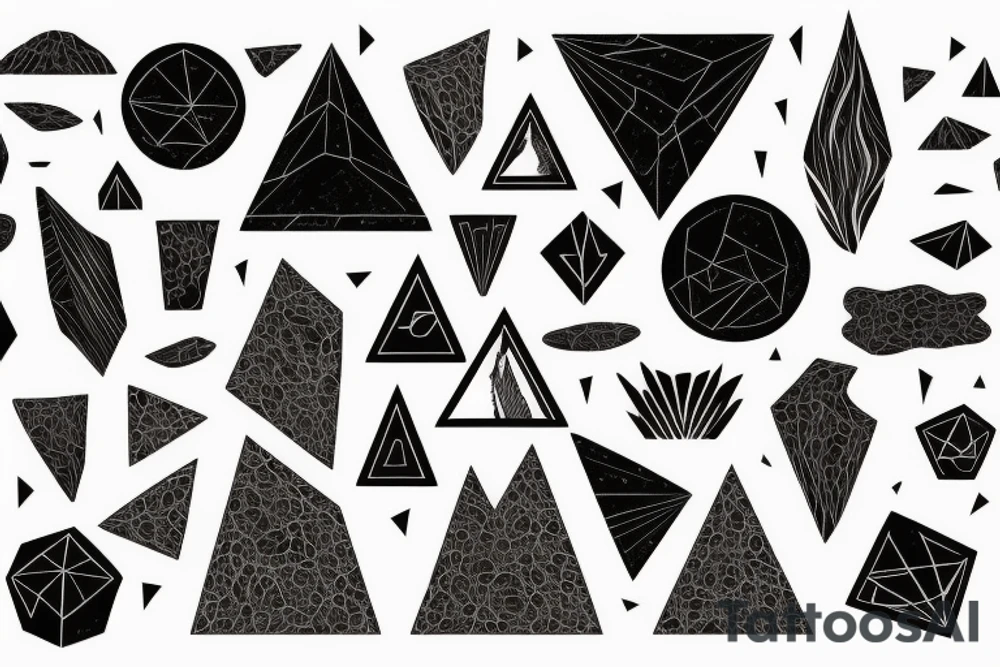 volcanic texture, earthy black color palette, gloomy atmosphere, geometric elemenst in black tattoo idea