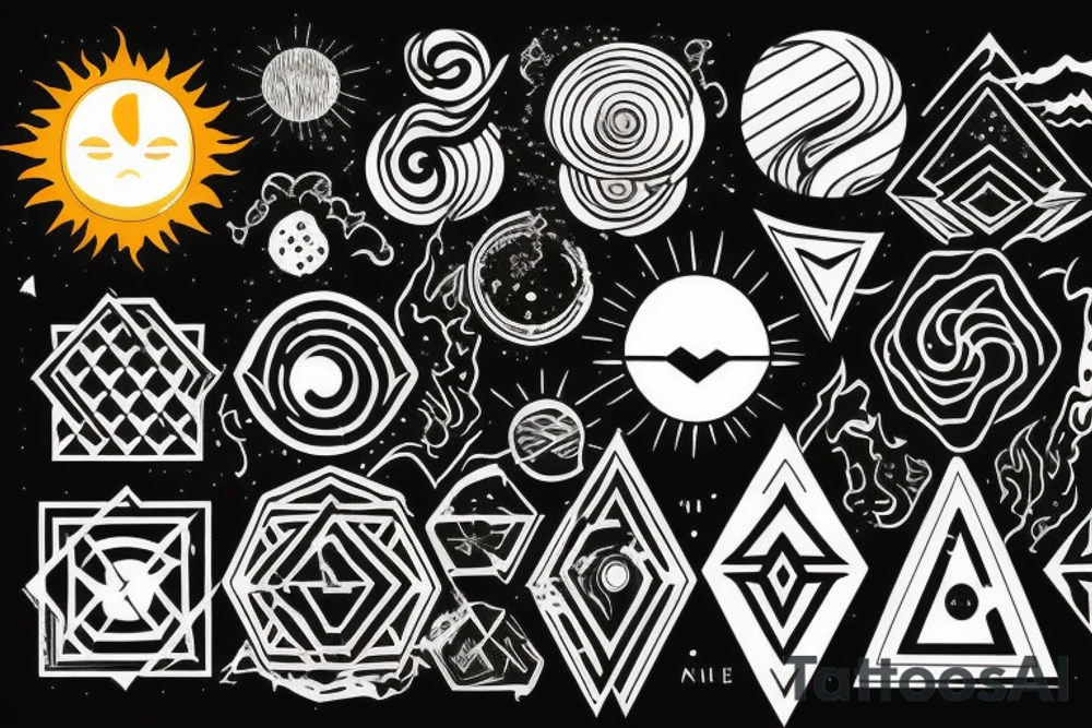 a Sun with volcanic texture, earthy black color palette, gloomy atmosphere, geometric elemenst in black tattoo idea