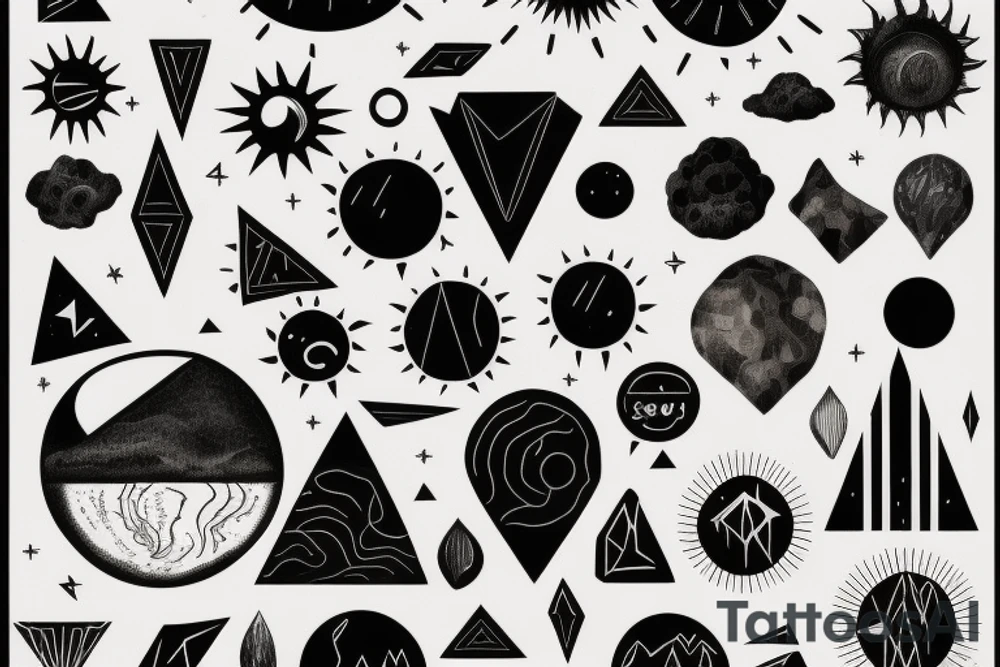 a Sun with volcanic texture, earthy black color palette, gloomy atmosphere, geometric elemenst in black tattoo idea