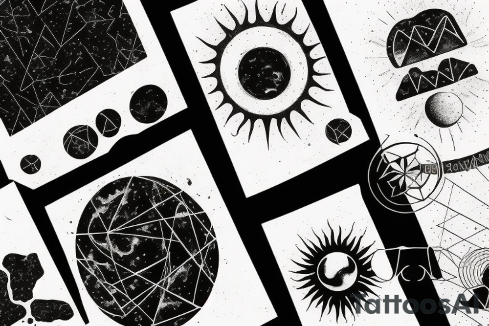 a Sun with volcanic texture, earthy black color palette, gloomy atmosphere, geometric elemenst in black tattoo idea