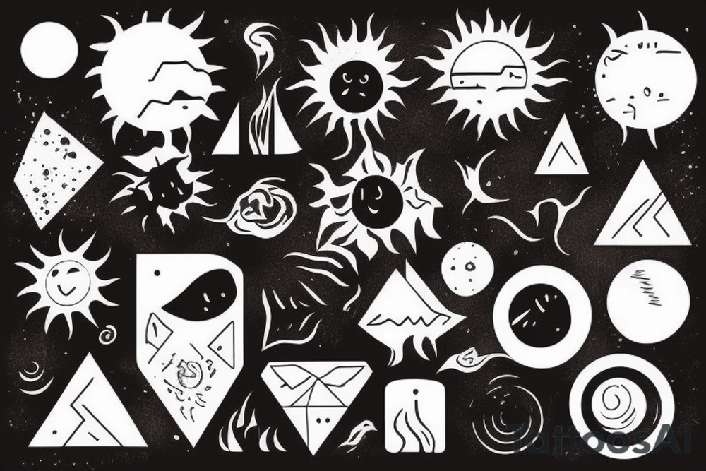 a Sun with volcanic texture, earthy black color palette, gloomy atmosphere, geometric elemenst in black tattoo idea