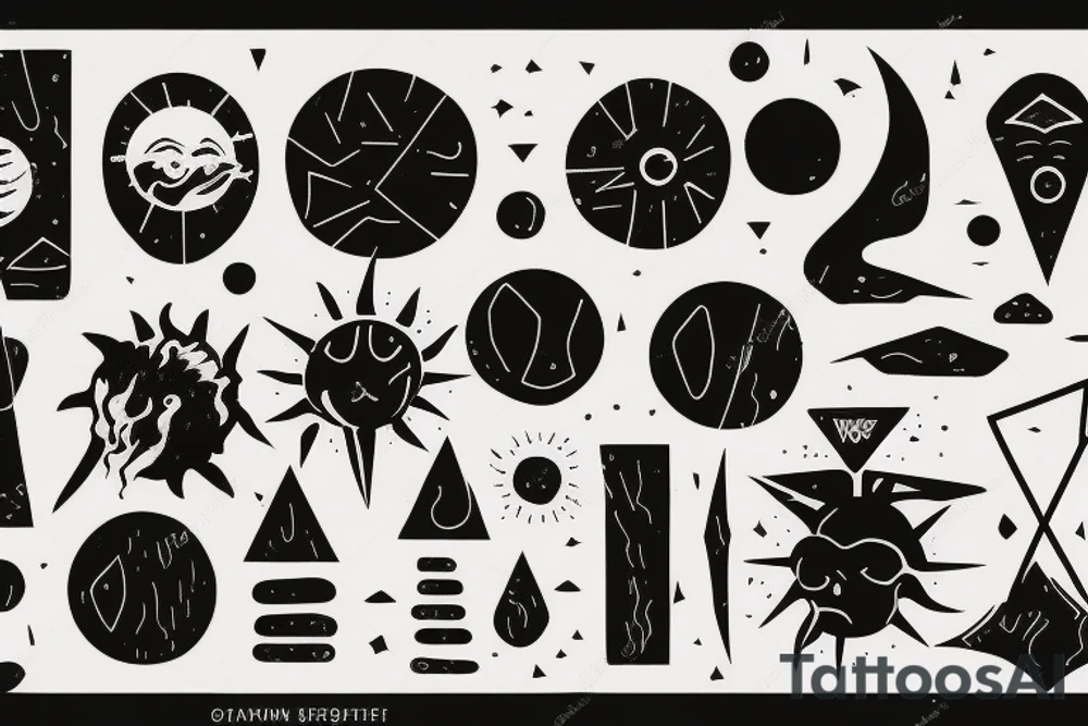 a Sun with volcanic texture, earthy black color palette, gloomy atmosphere, geometric elemenst in black tattoo idea