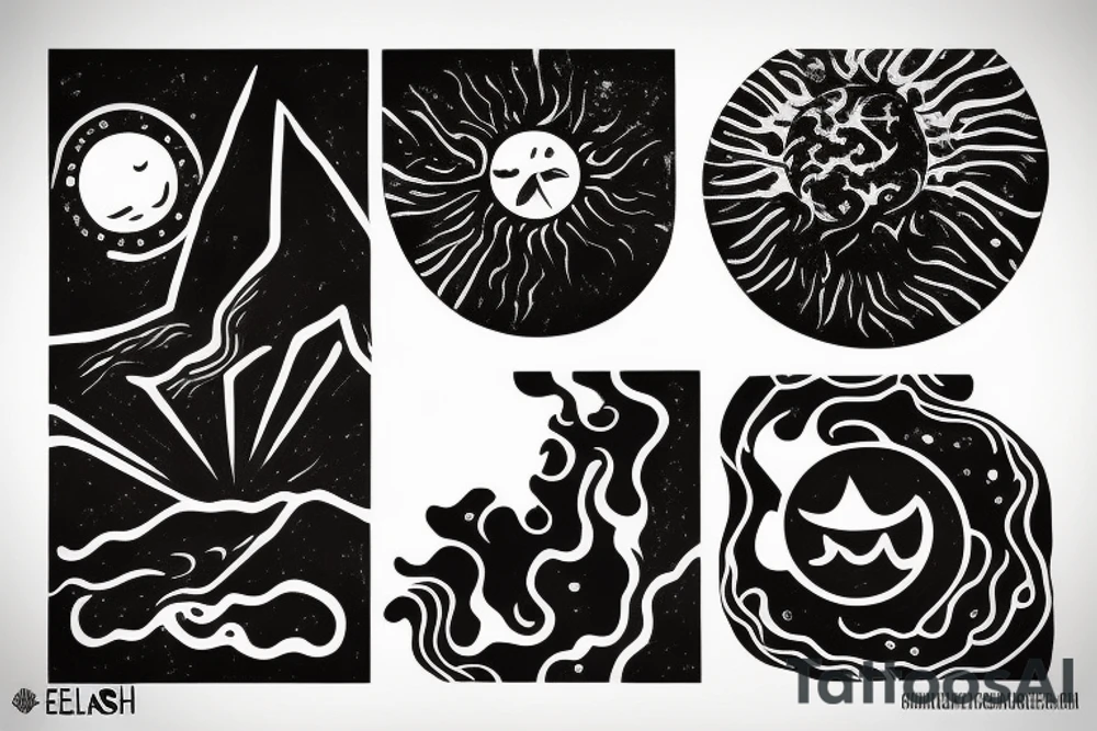 a Sun with volcanic texture, earthy black color palette, gloomy atmosphere, geometric elemenst in black tattoo idea