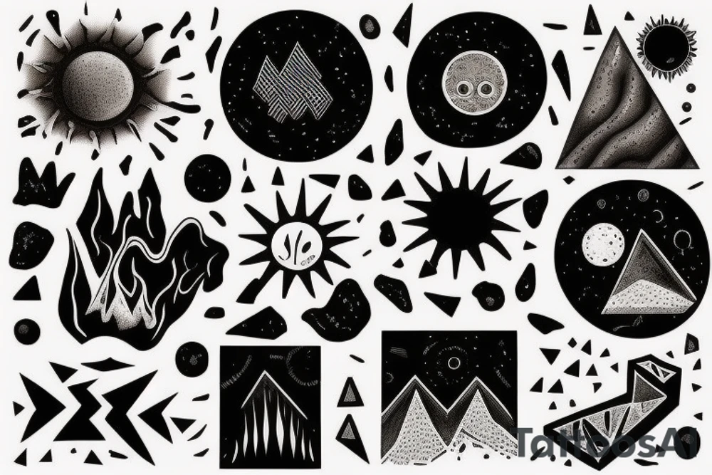 a Sun with volcanic texture, earthy black color palette, gloomy atmosphere, geometric elemenst in black tattoo idea