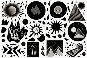 a Sun with volcanic texture, earthy black color palette, gloomy atmosphere, geometric elemenst in black tattoo idea