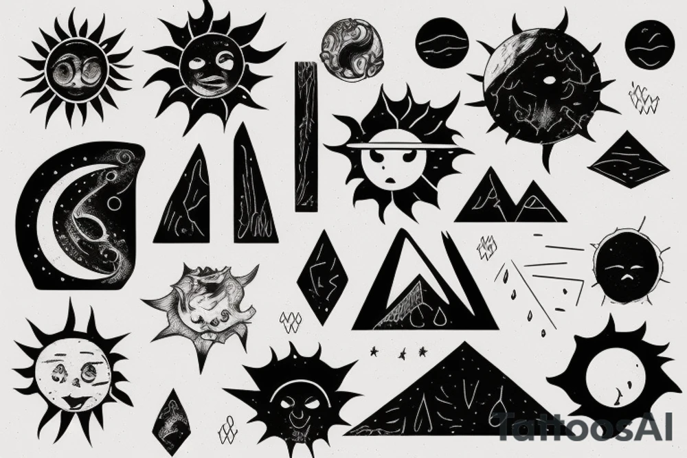 a Sun with volcanic texture, earthy black color palette, gloomy atmosphere, geometric elemenst in black tattoo idea