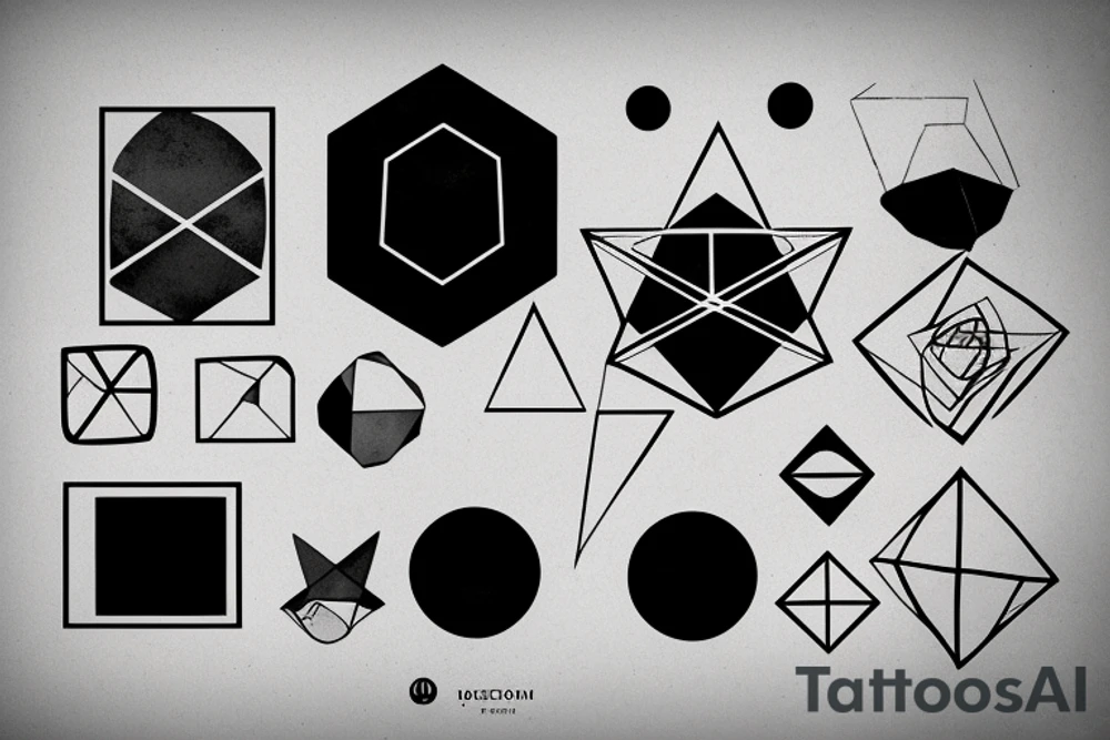 a Sun with earthy black color palette, gloomy atmosphere, geometric elemenst in black tattoo idea