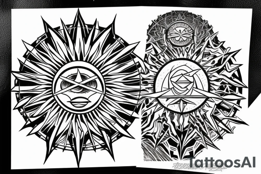 a geometric sun in the style of gojira cover "magma" tattoo idea