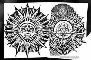 a geometric sun in the style of gojira cover "magma" tattoo idea