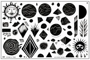 a Sun with: 
Volcanic Texture 
Earthy Tones 
Gloomy Atmosphere 
Geometric Elements tattoo idea