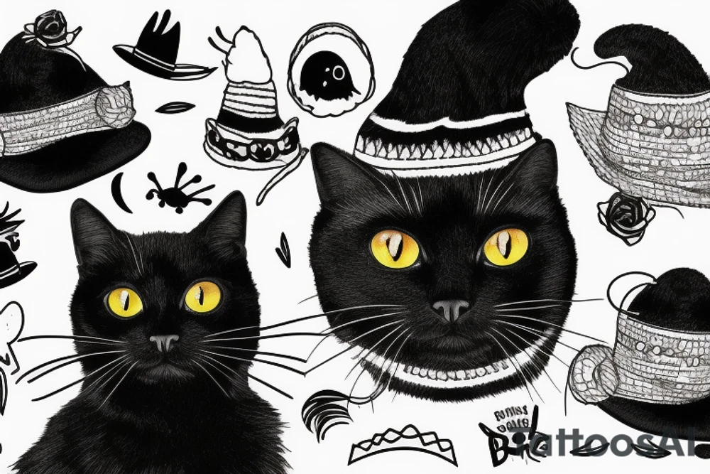 Black cat with a funny hat and a sweater tattoo idea