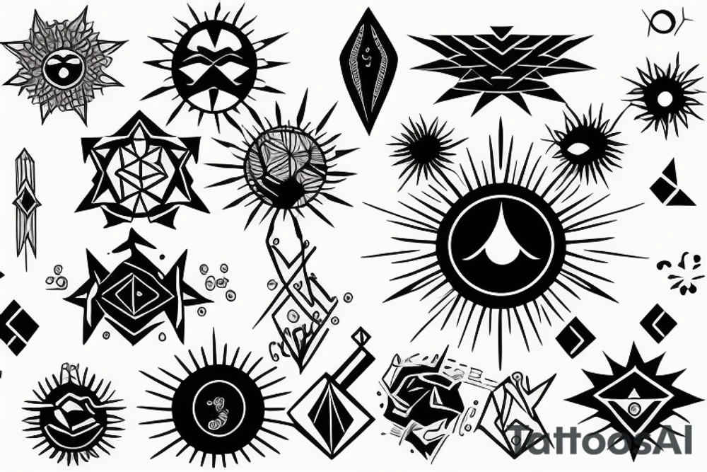 Black sun with geometric sunbeams tattoo idea