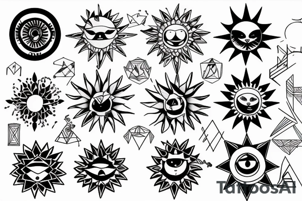 Black sun with geometric sunbeams tattoo idea
