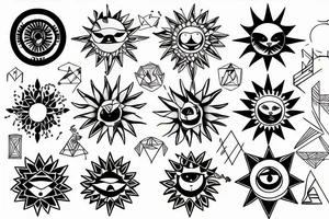 Black sun with geometric sunbeams tattoo idea