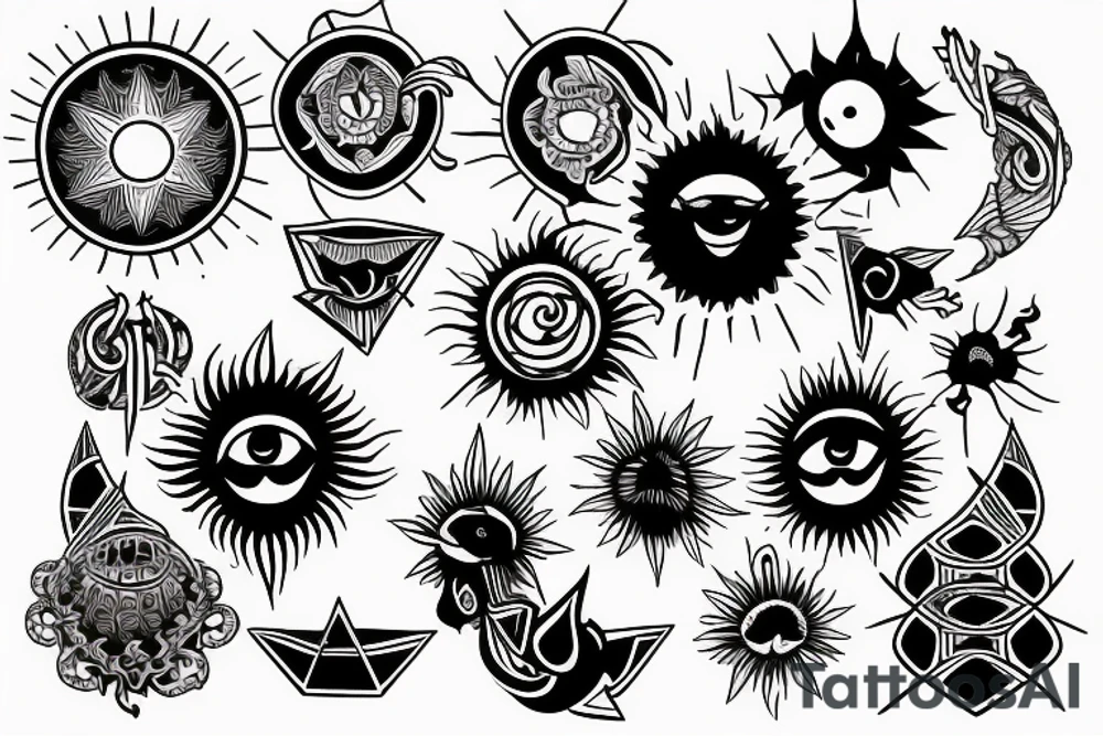 Black sun with geometric sunbeams tattoo idea