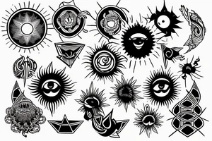 Black sun with geometric sunbeams tattoo idea