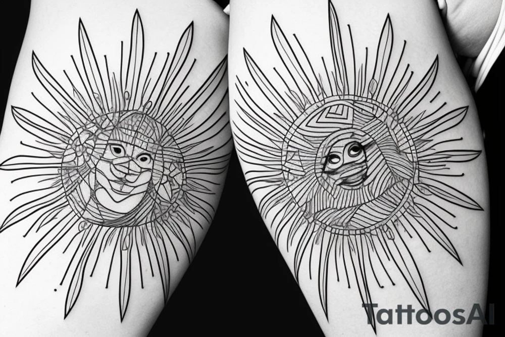 sun with geometric sunbeams in fineline art tattoo idea
