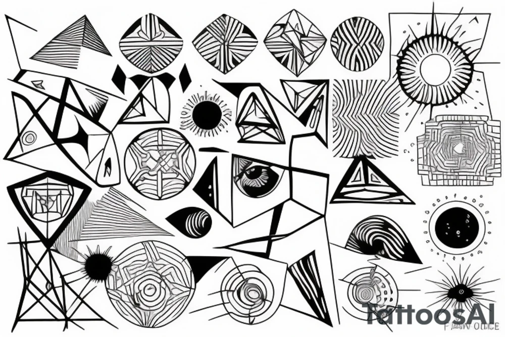 sun with geometric sunbeams in fineline art tattoo idea