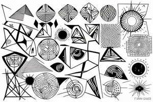 sun with geometric sunbeams in fineline art tattoo idea