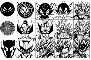 Geometric design that incorporates elements of Dragon Ball, Gundam Wing, Lord of the Rings, Star Wars, Power Rangers, Pokemon, Spider-Man, Infinity Stones tattoo idea