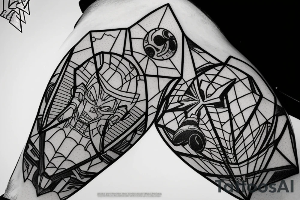 Geometric design that incorporates elements of Dragon Ball, Gundam Wing, Lord of the Rings, Star Wars, Power Rangers, Pokemon, Spider-Man, Infinity Stones tattoo idea