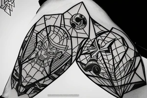 Geometric design that incorporates elements of Dragon Ball, Gundam Wing, Lord of the Rings, Star Wars, Power Rangers, Pokemon, Spider-Man, Infinity Stones tattoo idea