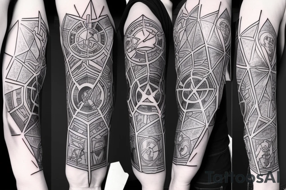 Geometric design that incorporates elements of Dragon Ball, Gundam Wing, Lord of the Rings, Star Wars, Power Rangers, Pokemon, Spider-Man, Infinity Stones for forearm tattoo tattoo idea