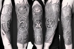 Geometric design that incorporates elements of Dragon Ball, Gundam Wing, Lord of the Rings, Star Wars, Power Rangers, Pokemon, Spider-Man, Infinity Stones for forearm tattoo tattoo idea
