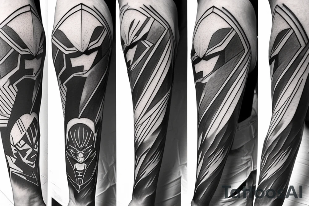 Geometric design that incorporates elements of Dragon Ball, Gundam Wing, Lord of the Rings, Star Wars, Power Rangers, Pokemon, Spider-Man, Infinity Stones for forearm tattoo tattoo idea